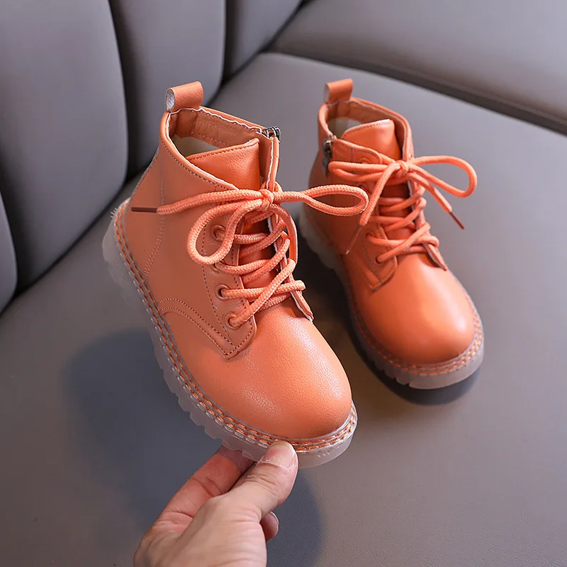 

Autumn Winter New Kids Boots Girls Leather Shoes Solid Color Lace Up Boys Ankle Boots Big Girl Shoes Non-slip SYJ053