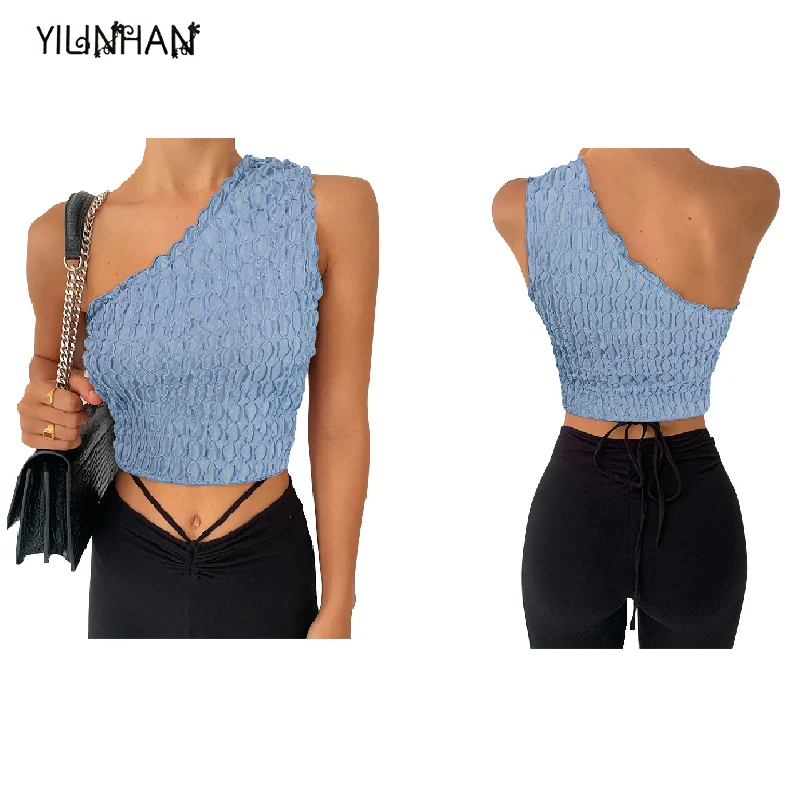 

Майка YILINHAN Женская на одно плечо, топ без рукавов, однотонная с оборками, популярная однотонная кофта, косынка