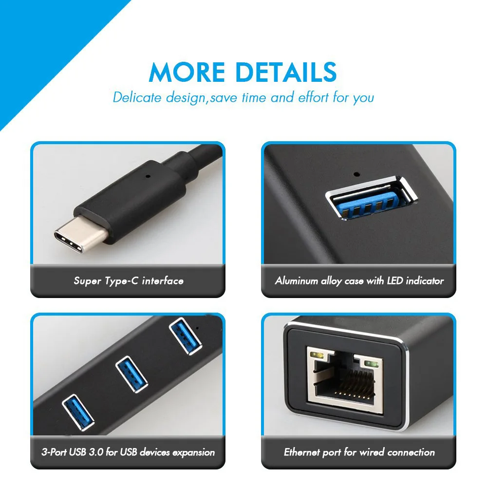 Алюминий Тип c USB 3 0 концентратор Ethernet сетевой адаптер 1000 Мбит/с RJ45 разъемом
