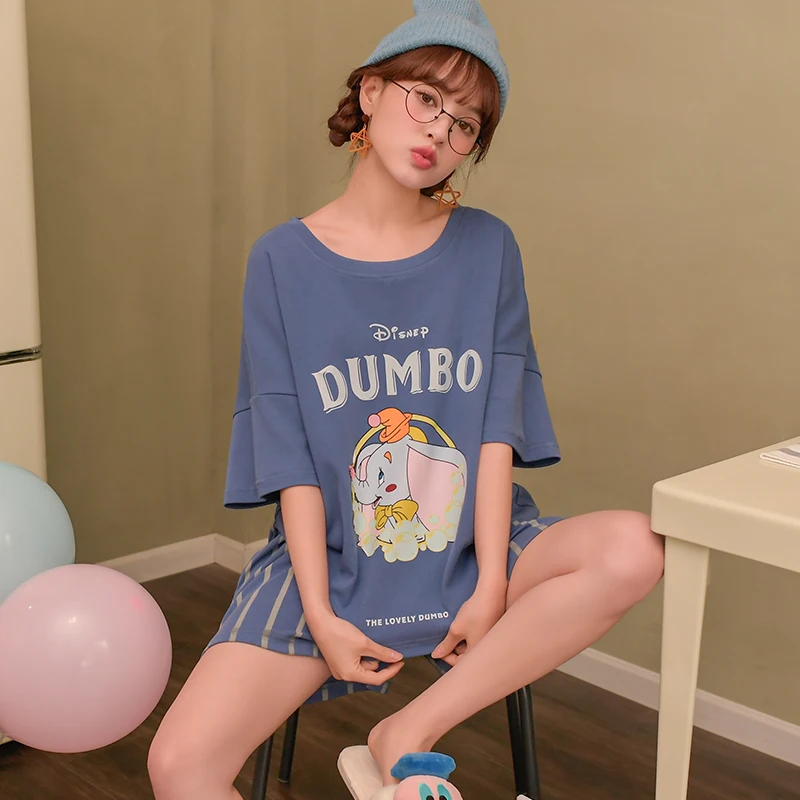 Disney Summer Cotton Pajamas Women's Short Sleeve Shorts Kawaii Dumbo Letter Print Cute Cartoon Home Suit Pajama Sets Women