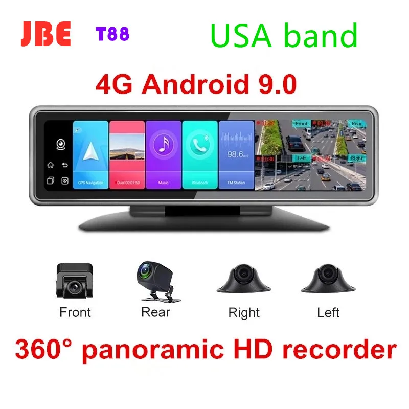 4 Cameras 4G Android 9.0 Car Dash Cam GPS Navigation HD 720P Video Recorder Dashboard DVR WiFi App Remote Monitoring USA Band