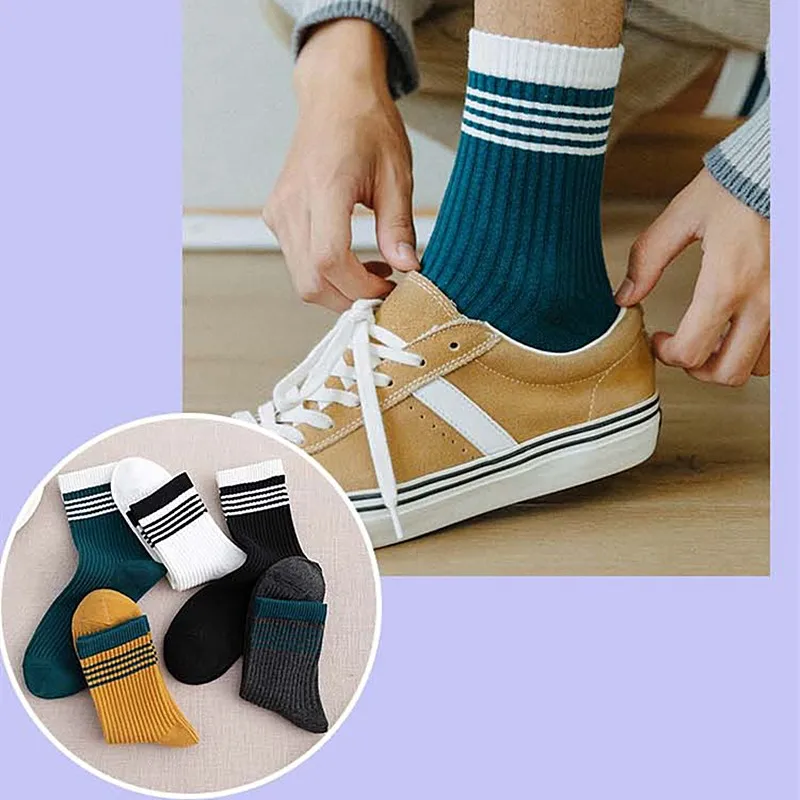 Теплые черные спортивные носки в полоску мужские весенне-осенние хлопковые