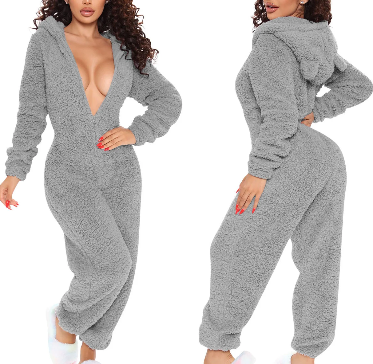 Autumn And Winter One-Piece Pajamas Solid Color Plush Hooded Long-Sleeved Warm Home Jumpsuit With Ears Plus Size For Woman