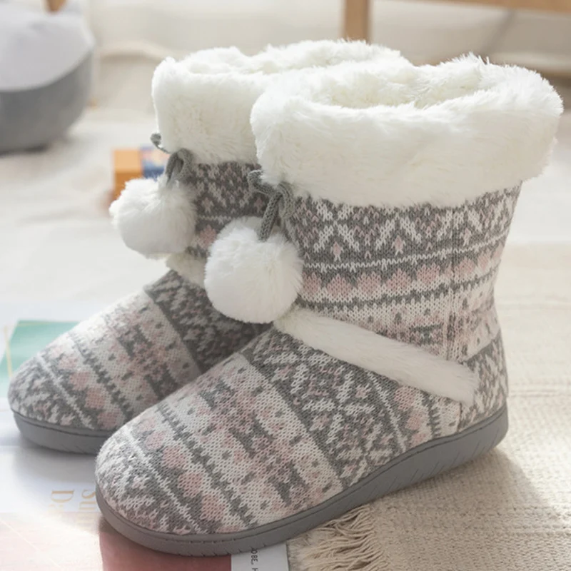 

Retro Warm Insole Socks Winter Floor Shoes Woman House Slippers Fur Indoor Anti-Skid Plush Shoes Contton Slipper