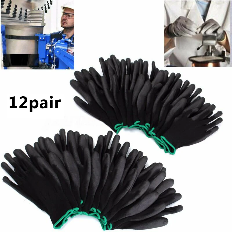 

12 Pairs Work Gloves PU Coated Black Nylon Flexible Antiskid Dust-proof