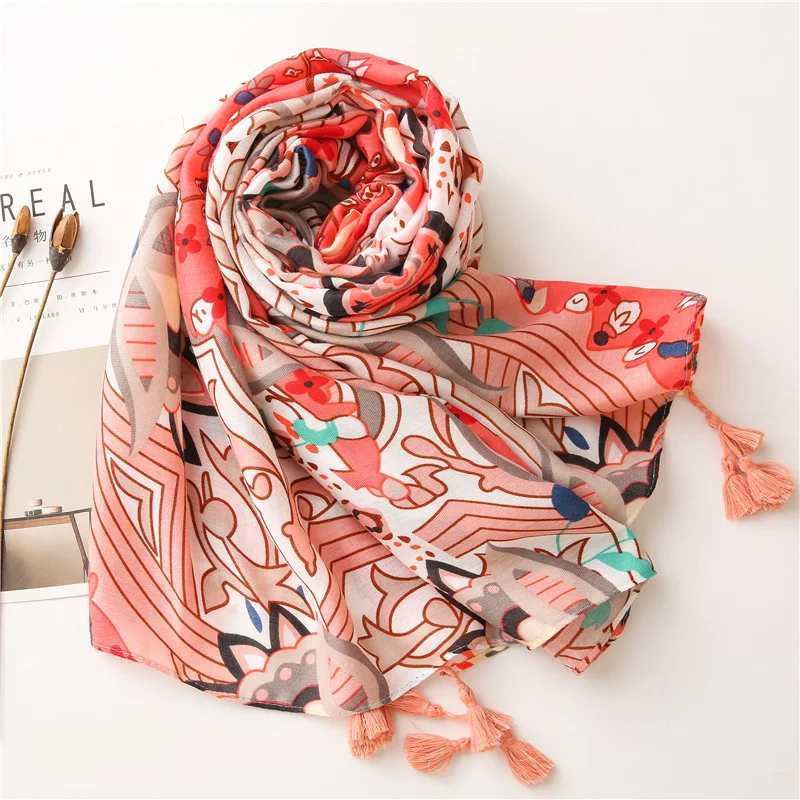 

2021 Spain Luxury Brand Women Bohemia Floral Tassel Viscose Scarf Patchwork Pashmina Tassel Shawls and Wraps Foulard Hijab Cap