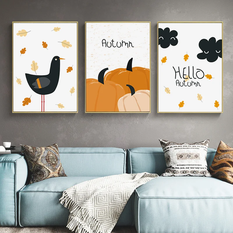 

Cartoon Autumn Pumpkin Black Bird Moon Star Canvas Painting Wall Art Print For Nursery Children's Room Home Decoration No Frame