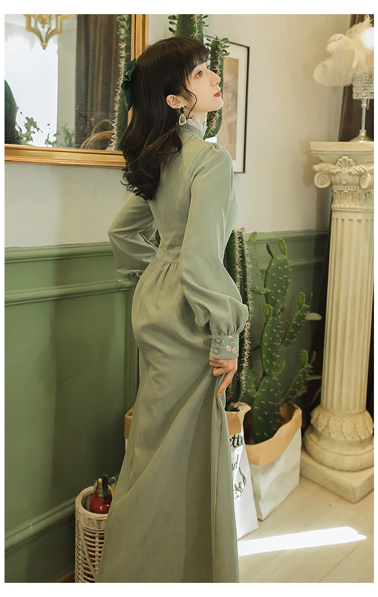 

Flower Embroidery Women Long Cotton Dress 2020 Autumn Winter New Arrival High Quality Retro Hot Sale Stand Collar