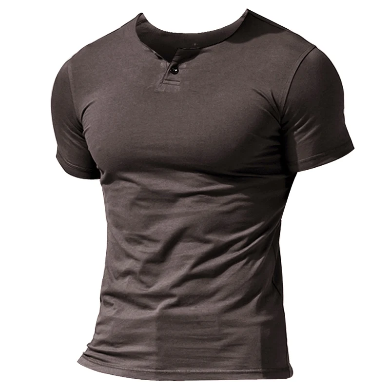 Коричневый MUSCLE ALIVE Мужская Летняя Повседневная футболка с коротким рукавом Henleys однокнопочная планка простая футболка с круглым вырезом Бодибилдинг Фитнес - Цвет: Коричневый
