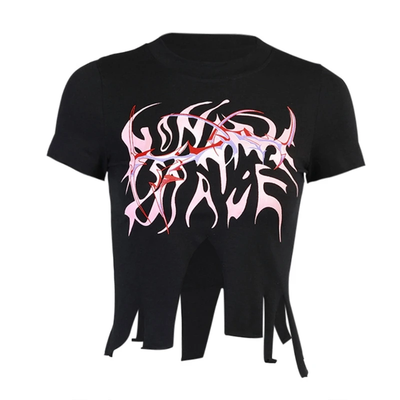 

2021 New Women Gothic Punk Short Sleeve Crop Top Ragged Irregular Distressed Hem T-Shirt Graphic Flame Print Harajuku Streetwear