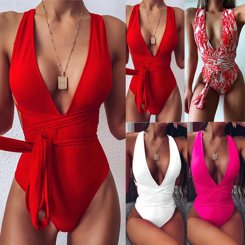 

Sexy One Piece Suit Deep V Swimsuit Laced Band Female Bodysuit Removable Padding Women Swimwear 2021 Multiple Tie Solid Monokini