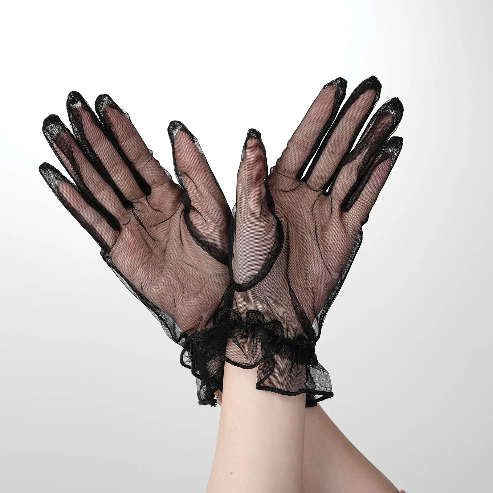 

Lotus Leaf Short Etiquette Gloves Women Cocktail Party Dance Mittens Sexy Sheer Tulle Mesh Bride Glove Full Finger Wedding Mitts
