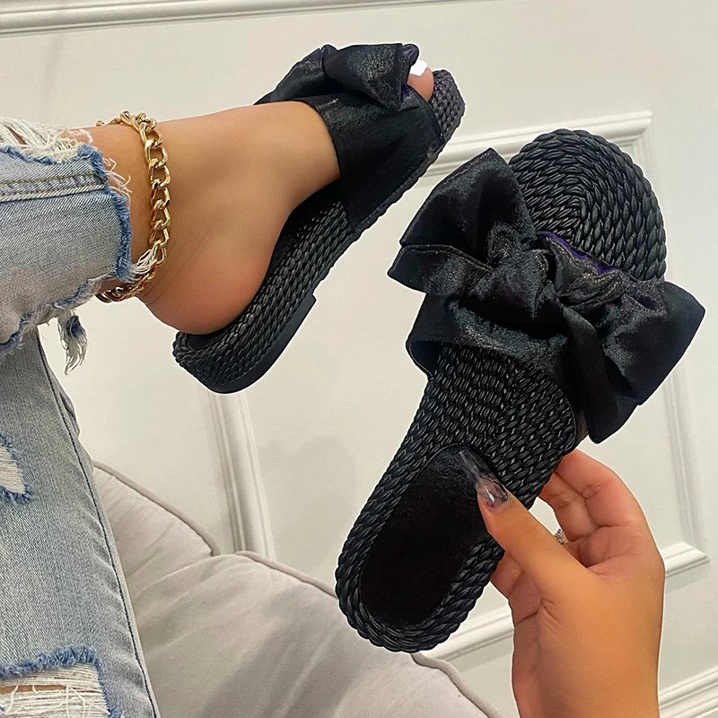 

2021 Women Summer Casual Slides Comfortable Flax Slippers black Bow Linen Flip Flops Platform Sandals Ladies Indoor Shoes