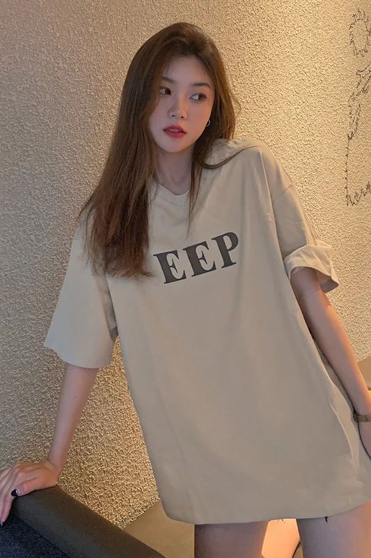 2021 летняя свободная простая футболка средней длины с надписью размера d женская в
