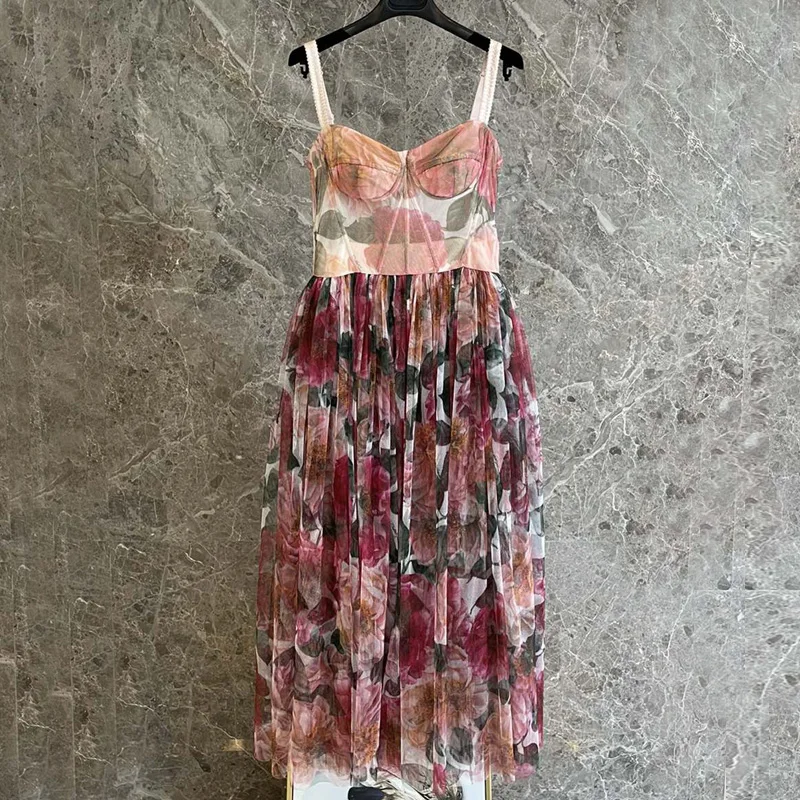 

Женское платье с открытой спиной, розовое платье средней длины из сицилийской Красной сетчатой ткани с цветочным принтом камелии, для отдых...
