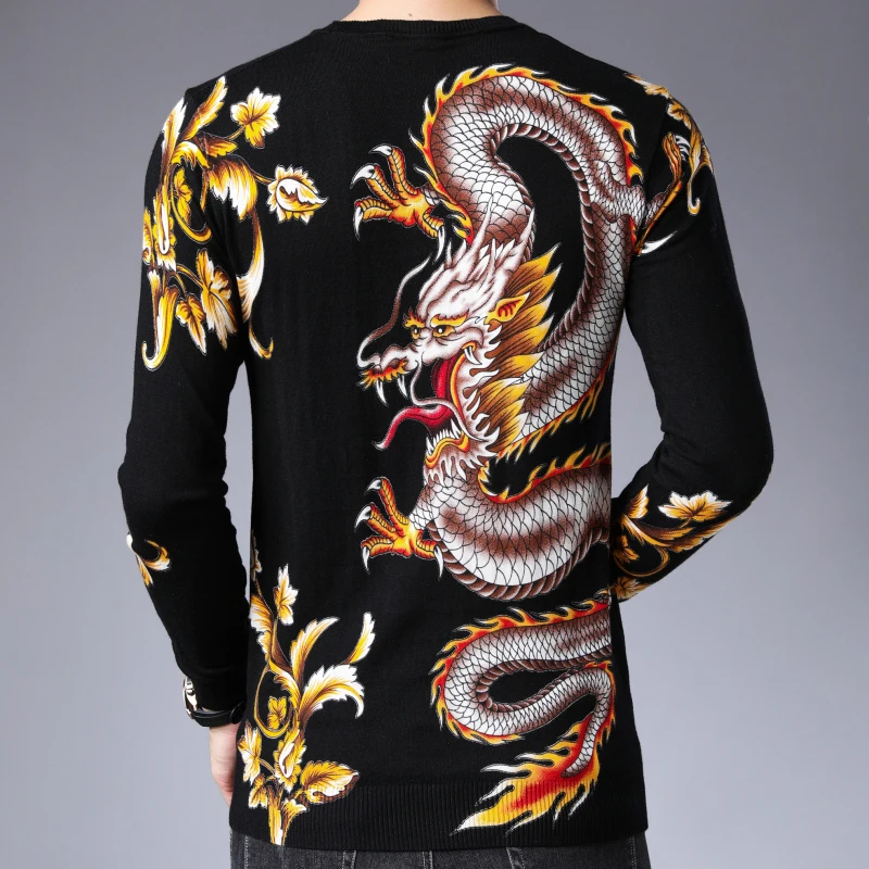 Autumn Sweater Men Jersey Clothing Black Gold Dragon Print Sweater Pullover For Men Casual Club Party Dj Clothing