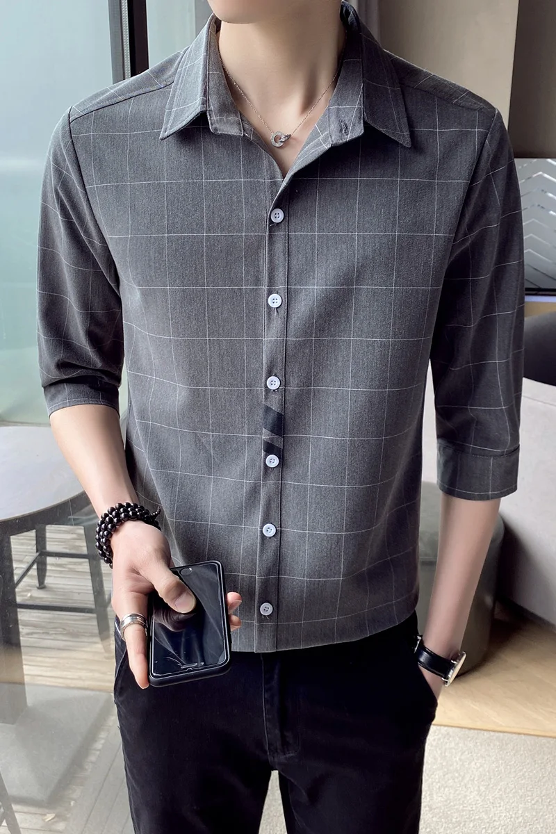 

Men Plaid Shirt 100% Cotton Summer Casual Shirt Soft Comfort Men's business casual lapel 3/4 sleeve modern fashion shirt