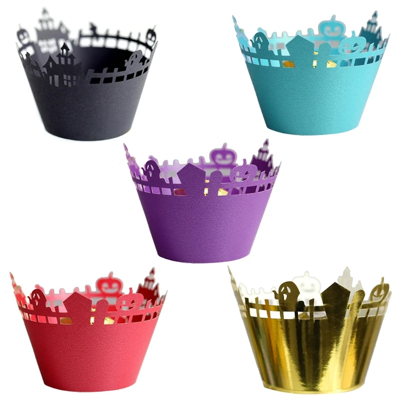 

100Pcs Halloween Cupcake Wrappers Hollow Out Haunted House Castle Ghost Pumpkin Cake Liners Muffin Tray Party Decoration