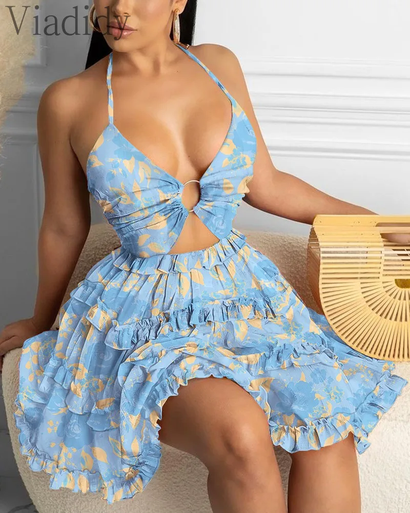 

Women Print Halter Open Back Ruffles Design Lace-up Summer Dress