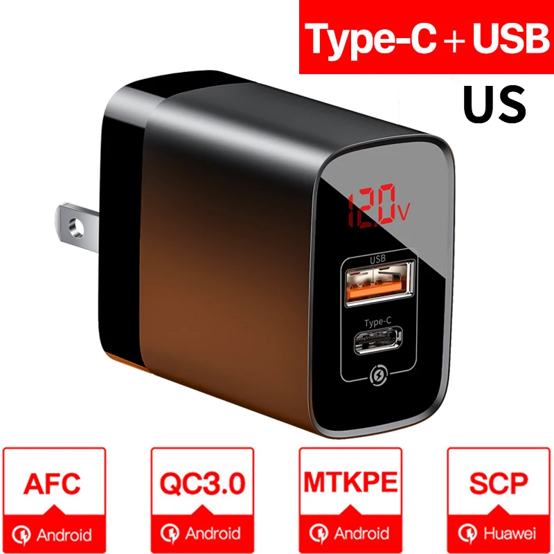US Plug Black PD C Baseus Quick Charge 3,0 USB зарядное устройство для iPhone samsung Xiaomi huawei мобильный телефон 18 Вт PD3.0 PD QC3.0 QC usb type C быстрое зарядное устройство - Тип штекера: US Plug Black PD C