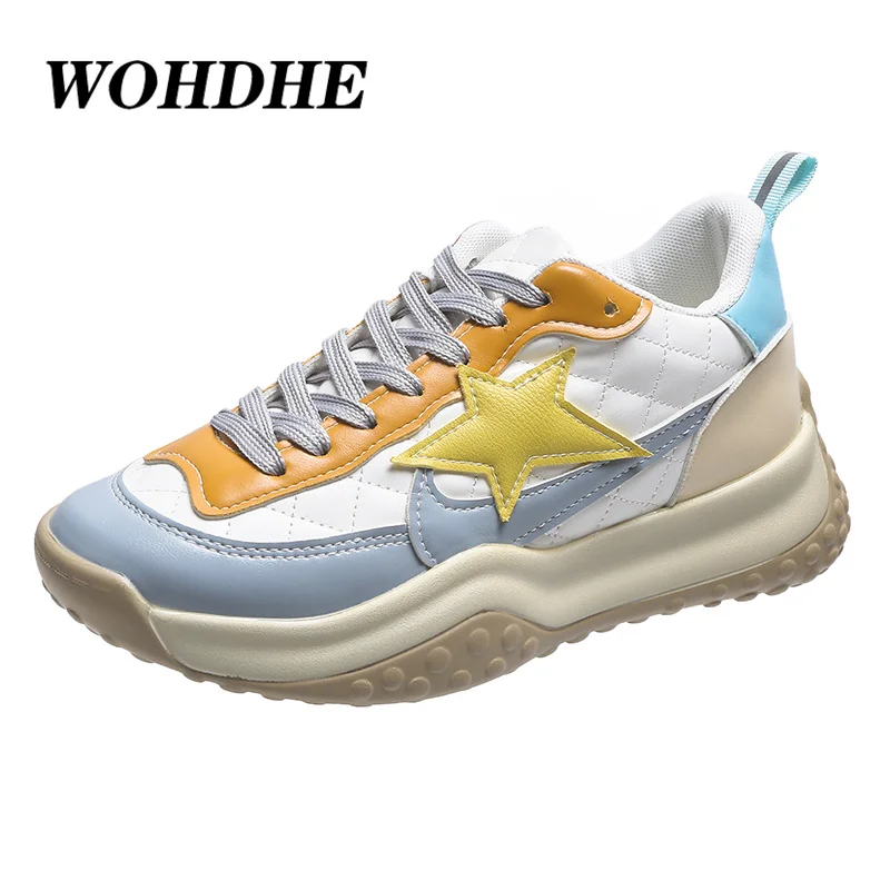

WOHDHE Women Casual Shoes Retro Lightweight Anti-Slip Nature Leather Splicing Waterproof Platform Comfortable Sports Sneaker