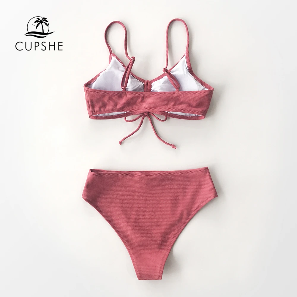 CUPSHE Одноцветный розовый с текстурой на шнуровке бикини наборы сексуальный