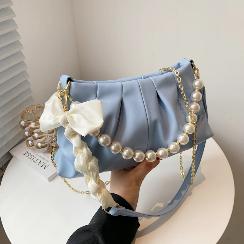 

Folds Beading Pearl Crossbody Bags for Women 2021 Fashion Simple Underarm Shoulder Bag PU Leather Handbags Female Purses New