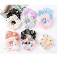 ladies sweet embroidered flower mesh hair ring handmade multicolor ribbon transparent gauze ponytail hair accessories wholesale