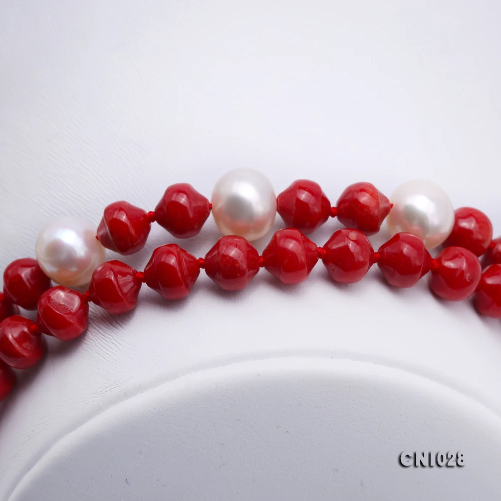 

JYX High Quality 6-6.5mm Red Coral Necklace with White Pearl 19 inches Long Simple Lobster Clasp
