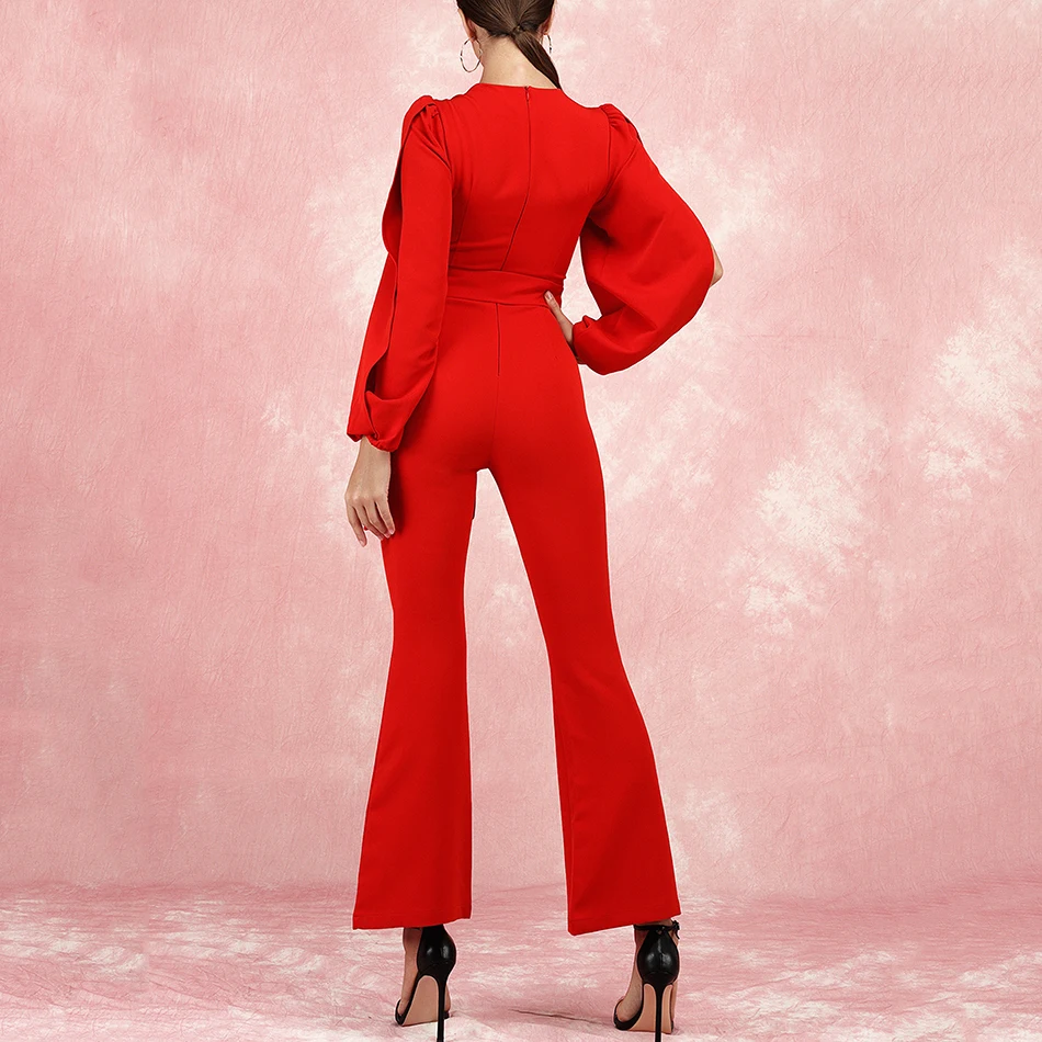 Женский комбинезон с длинным рукавом красный черный облегающий ремнем вечерний