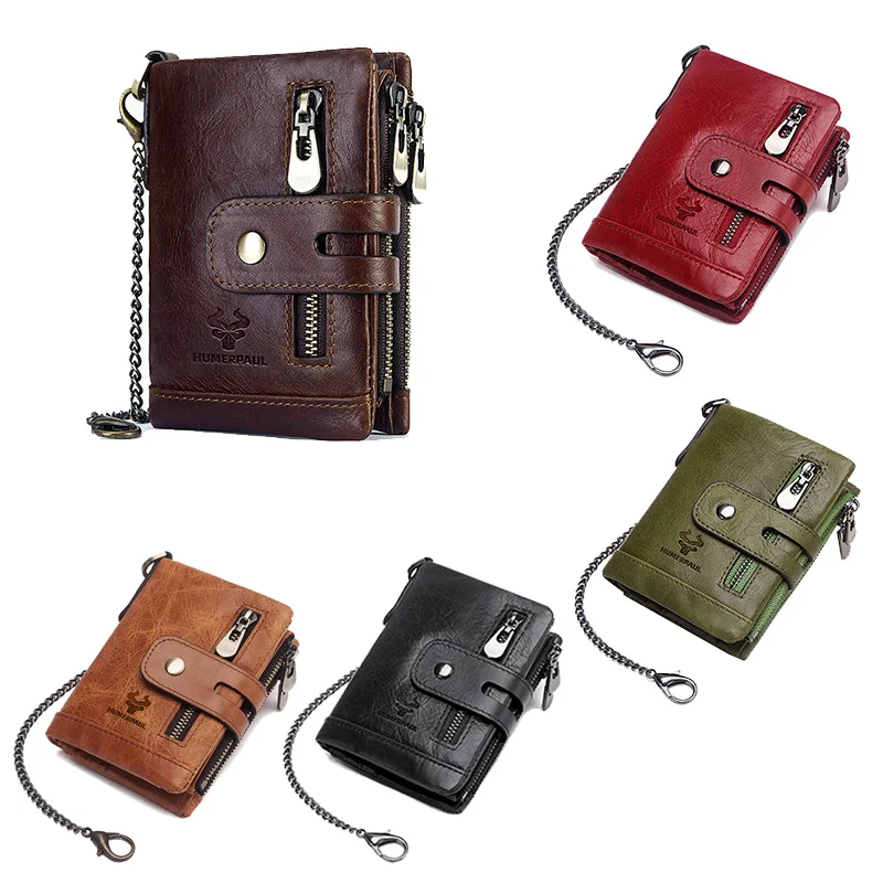 

Кожаный мужской кошелек HUMERPAUL, кошелек с RFID-защитой и отделением для монет, компактный мини-кошелек с зажимом для карт и цепочкой, мужской ан...