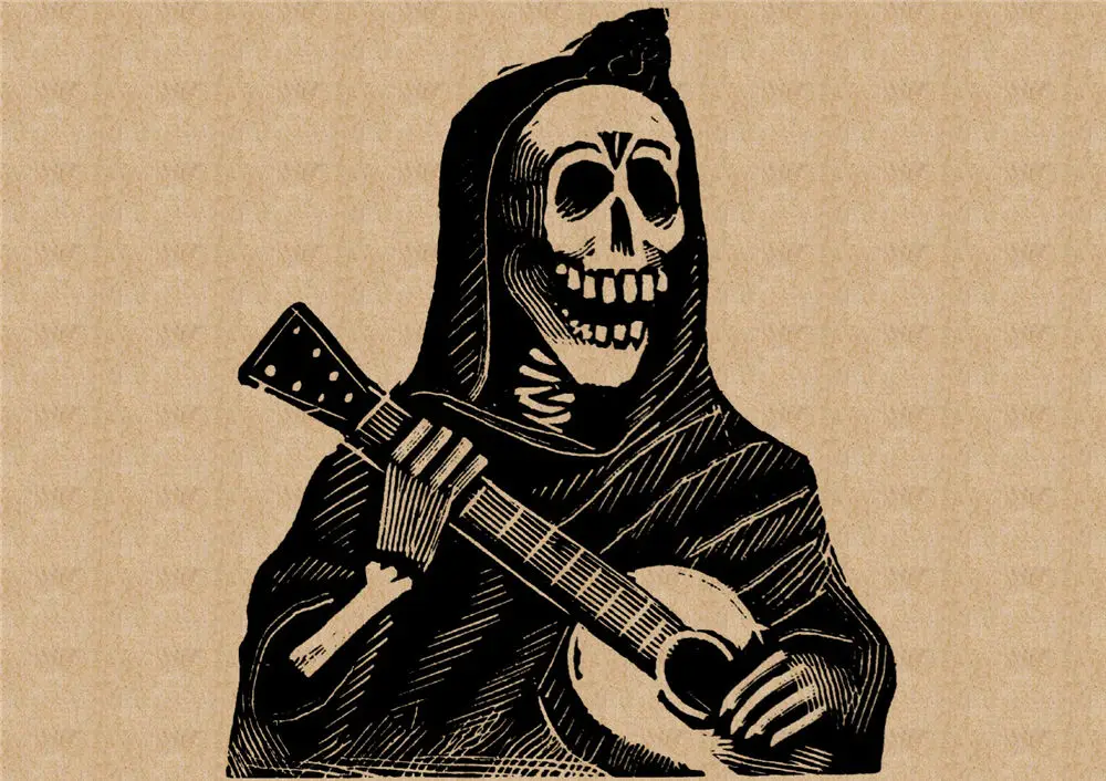 Винтажный постер из крафт-бумаги с изображением скелета, играющего на гитаре и танцующего в стиле панк-хэви-металл, настенная наклейка для декора комнаты или бара.