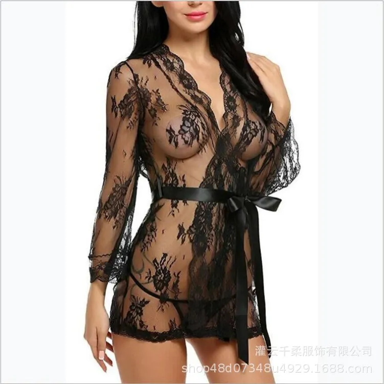 

Fast selling foreign trade sexy underwear European and American sexy lace perspective bathrobe