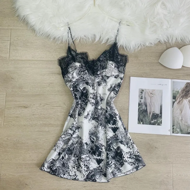 

Sexy Lace Homewear Intimate Lingerie 2022 Summer New Satin Women Spaghetti Sling Print Flower Nightgown Short Home Clothing