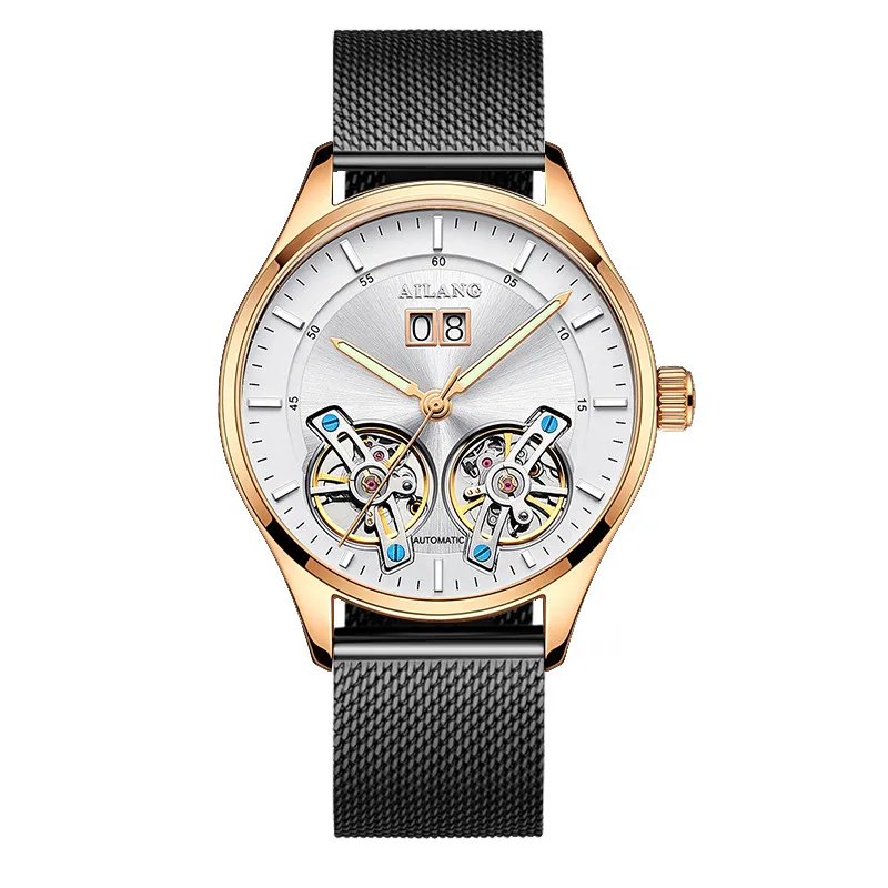 AILANG Лидирующий бренд Роскошные водонепроницаемые спортивные двойные Tourbillon Мужские часы Военные автоматические механические часы мужские часы с календарем - Цвет: Steel 02