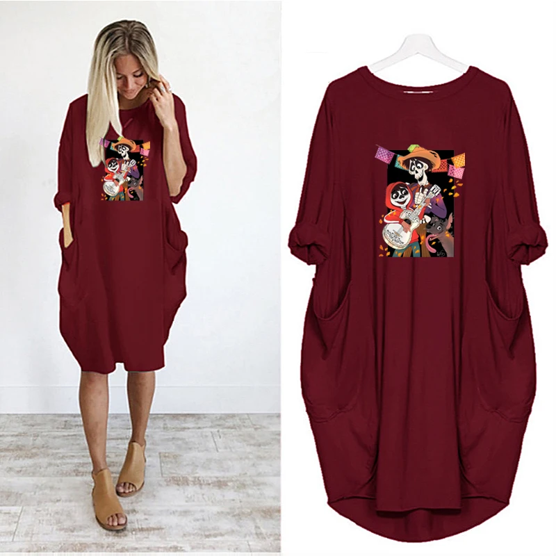 

2021 Disney Midi Dress Pockets Coco Print Dresses Vintage Long Sleeve Black Pink Korean Fashion Loose Casual Vestidos