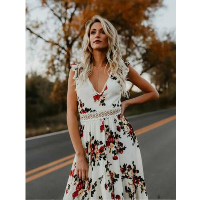 Женское винтажное платье в стиле бохо длинное с цветочным кружевом и открытой