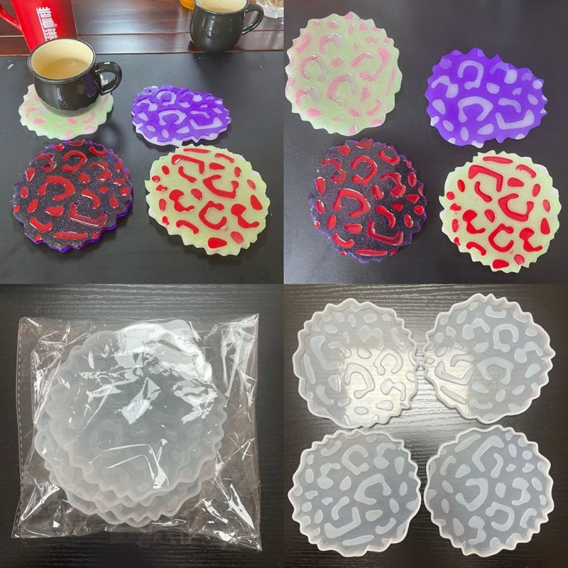 

N7MF 5 Pcs/Set Leopard Irregular Coaster+Base Stand Epoxy Resin Mold Cup Mat+Storage Rack Silicone Mould DIY Crafts Jewelry
