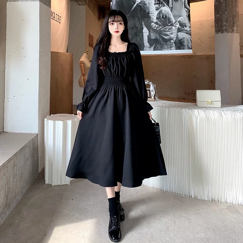 

Vintage Black Dress Women French Elegant Square Collar Long Sleeve Midi Dress 2022 Autumn Ladies Retro Clothes Chic Korean