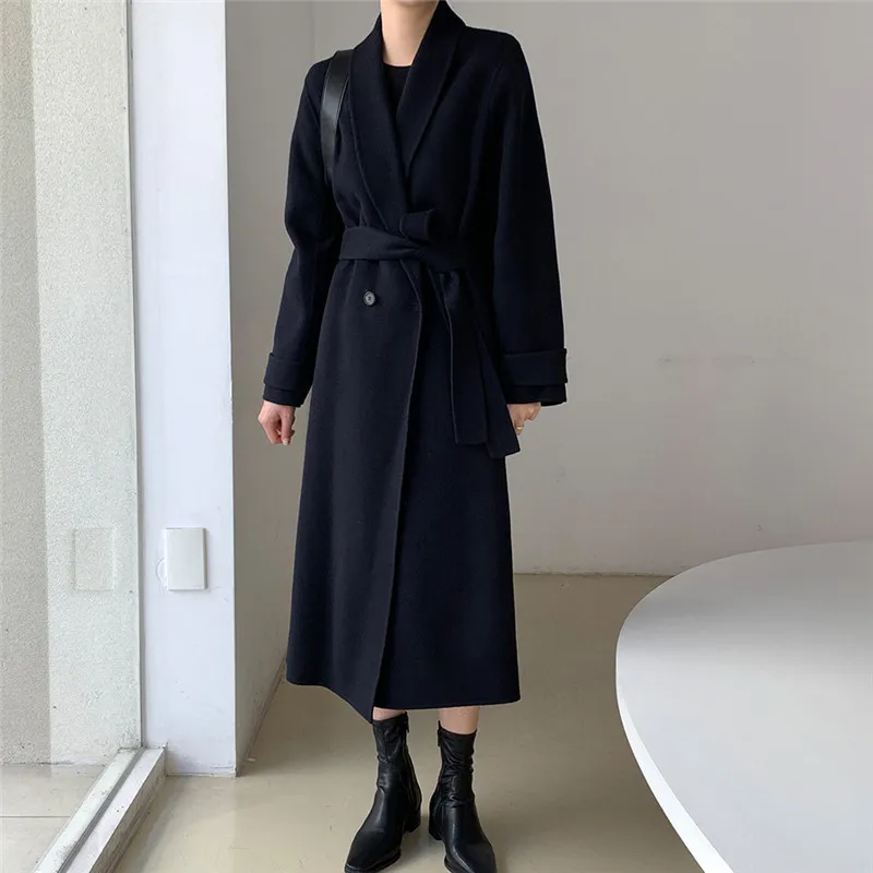 

Korean Style High Quality Woolen Coat Women Autumn and Winter All-match Casual Waist Belt Simple Wool Jacket Long Coats NS2435