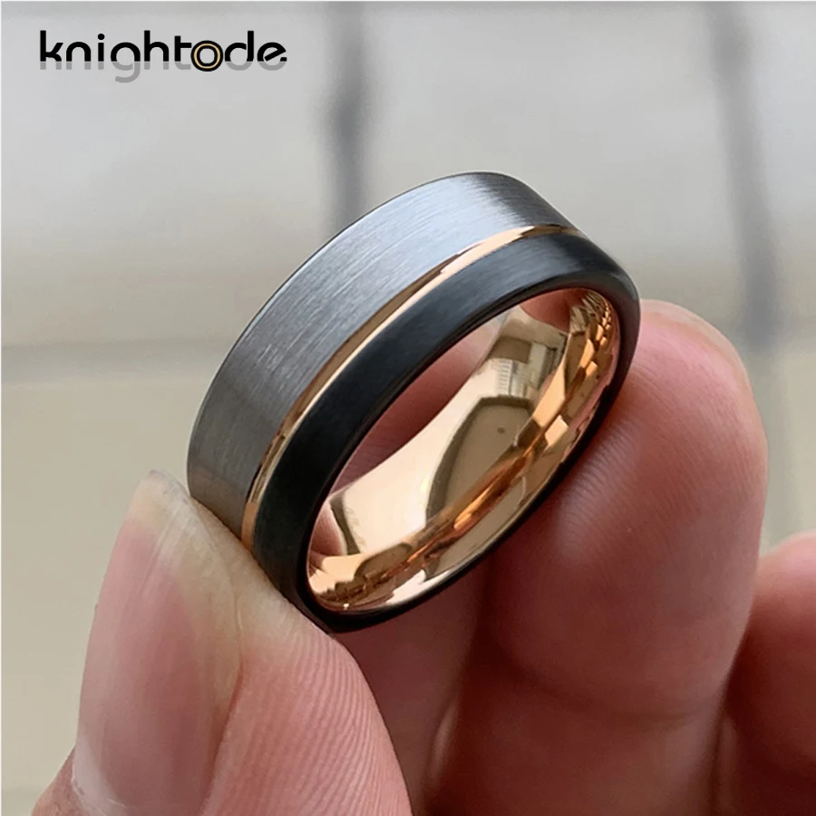 8 мм черный вольфрам Карбидное обручальное кольцо из розового золота с прорезями