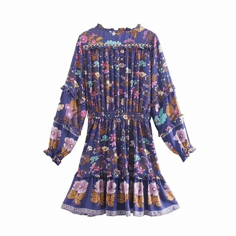 

High-quality ladies long-sleeved elastic waist dress floral print dress elegant ethnic style dress