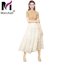 high quality autumn beading knit tops and mesh a line ball gown long skirts two piece sets women runway fashion knit suit m69521