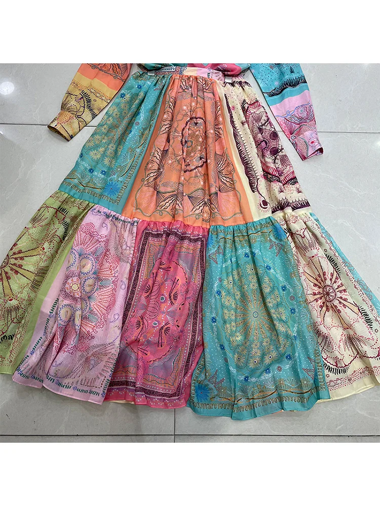

Retro print geometric pattern loose long shirt two-piece suit women's autumn new style + high waist loose large skirt suit