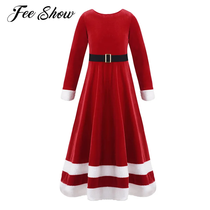 

Детский Рождественский костюм для девочек, длинное бархатное платье с длинными рукавами и поясом с высокой талией, украшенное искусственны...