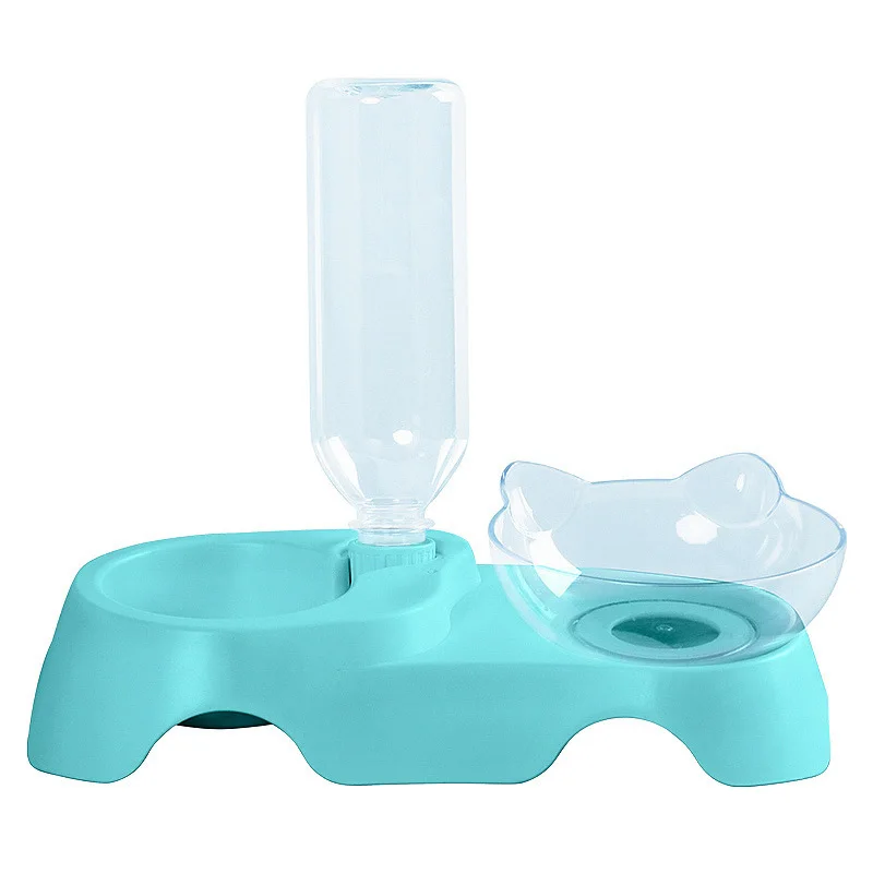 Blue bowl and bottle 2 в 1 кошачьи уши в форме косой миска для кошки ПЭТ двойные миски питьевой фонтан герметичная защита шеи миски для корма домашних животных - Цвет: Blue bowl and bottle