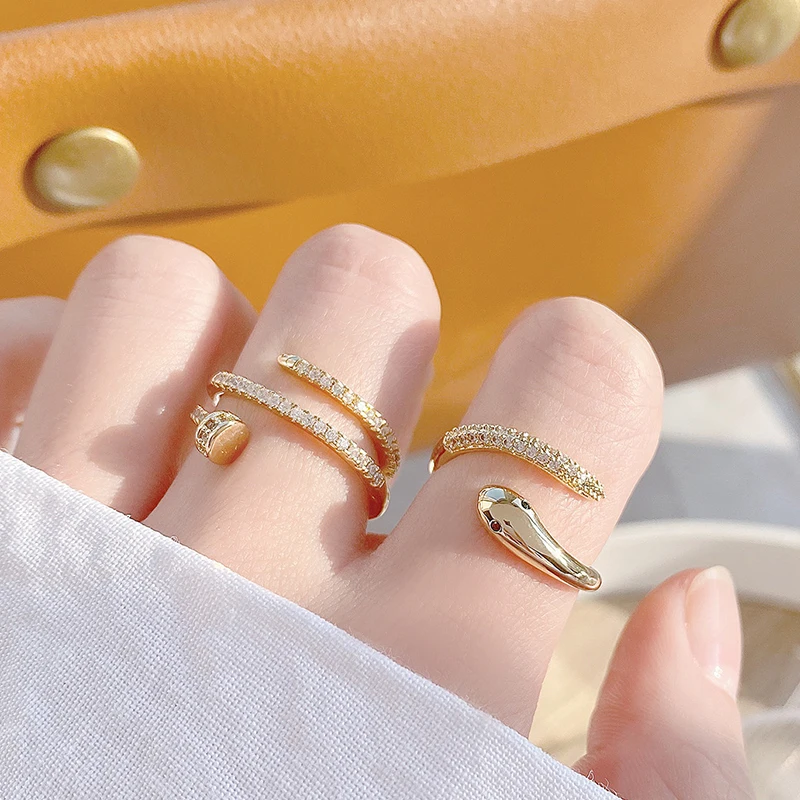 

Ins Hot Advanced 14k Real Gold Little Rattlesnake Rings for Women Jewelry Adjustable Open Design Inlay High Quality AAA Zirconia