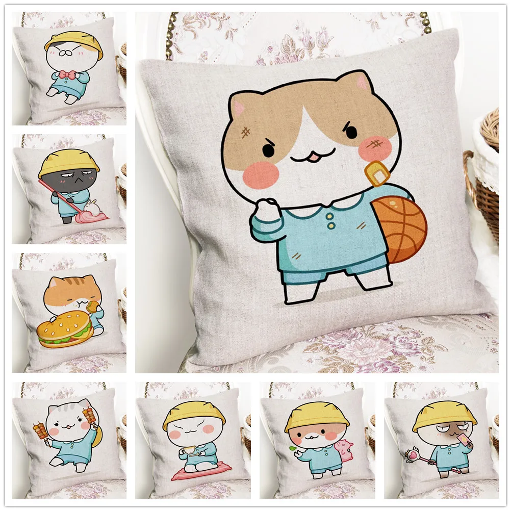 

Льняная наволочка с мультяшным рисунком кошки и еды, наволочка, украшение для дома, дивана, автомобиля, наволочка 45x45 см