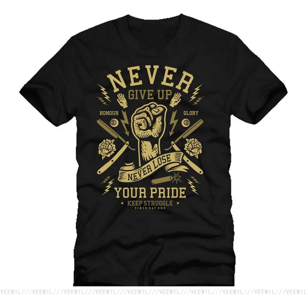 

NEVER GIVE UP BARBER PRIDE Mashup Dtg Mens T-Shirt Tees TEE Shirt Newest Fashion