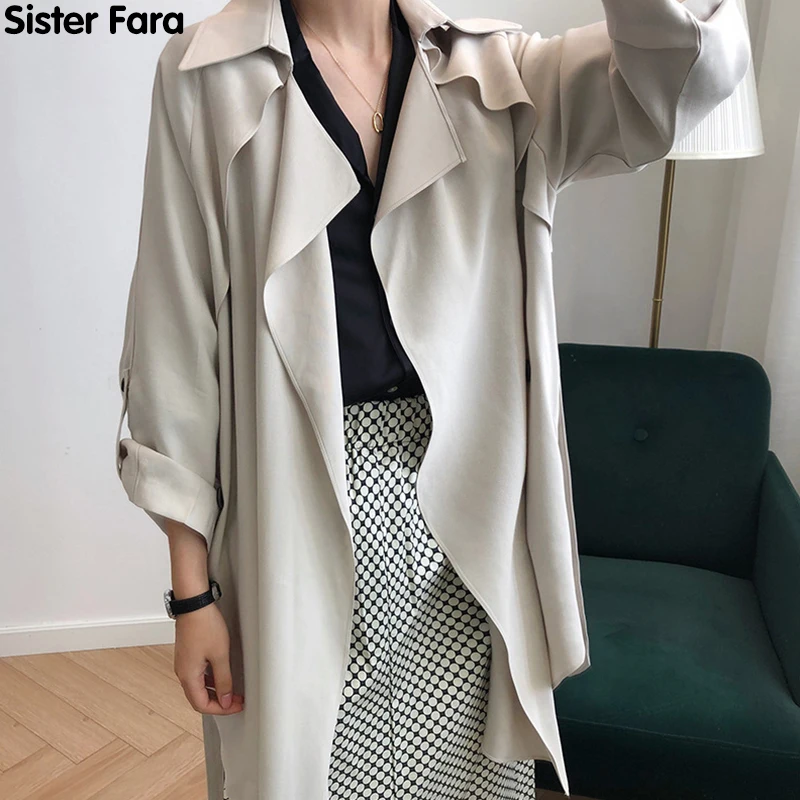 

Sister Fara Elegant Spring Women's Windbreaker Turn-down Collar Lace Up Thin Loose Trench Coat Autumn Women's Long Trench Coat